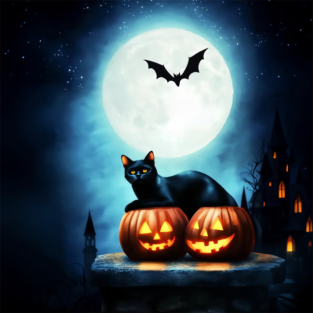 Haunted Forest Backdrop Black Cat Pumpkins Full Moon Halloween Moon Backdrop LXX59-134