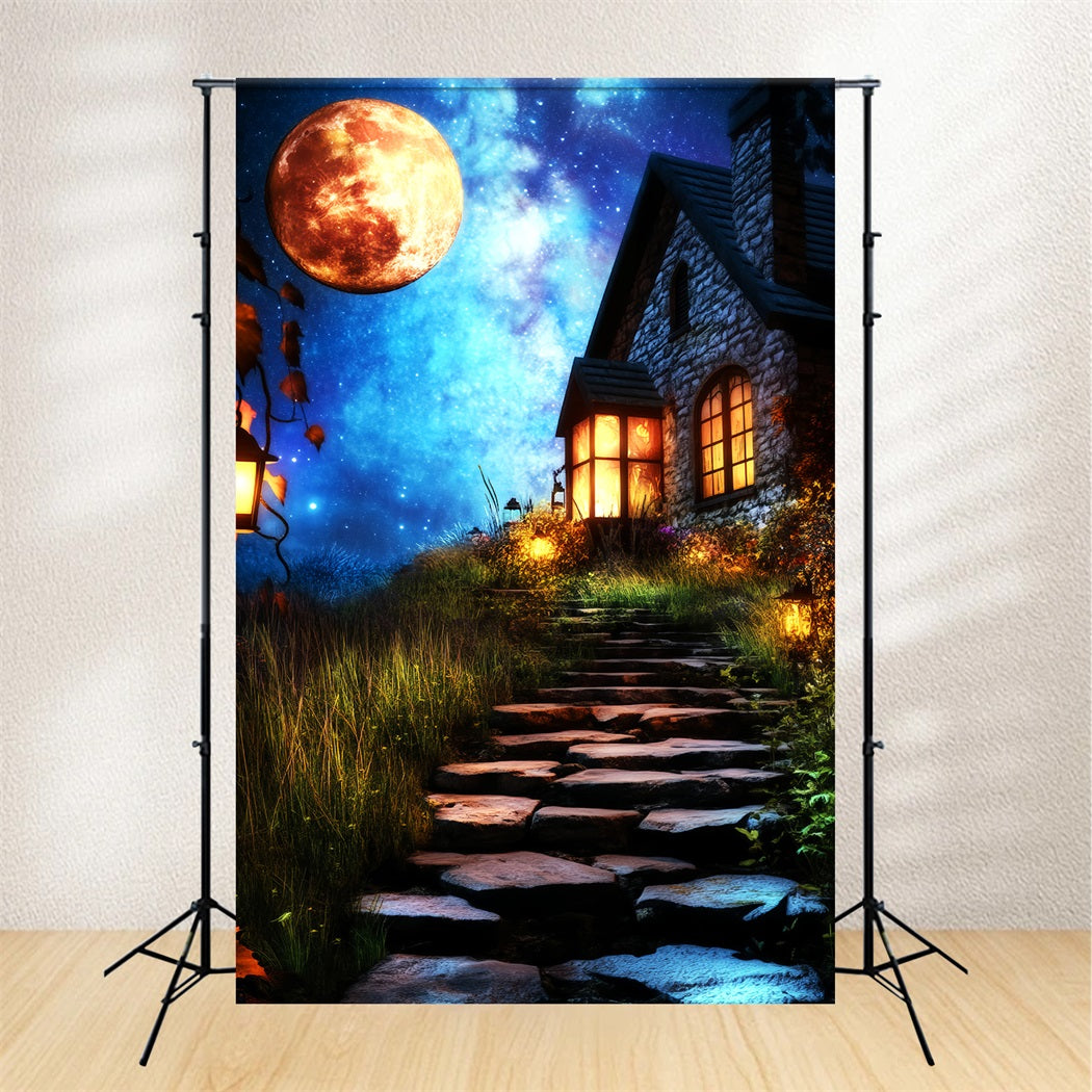 Haunted Forest Backdrop Lantern Pathway Enchanted Cottage Halloween Backdrop LXX59-135