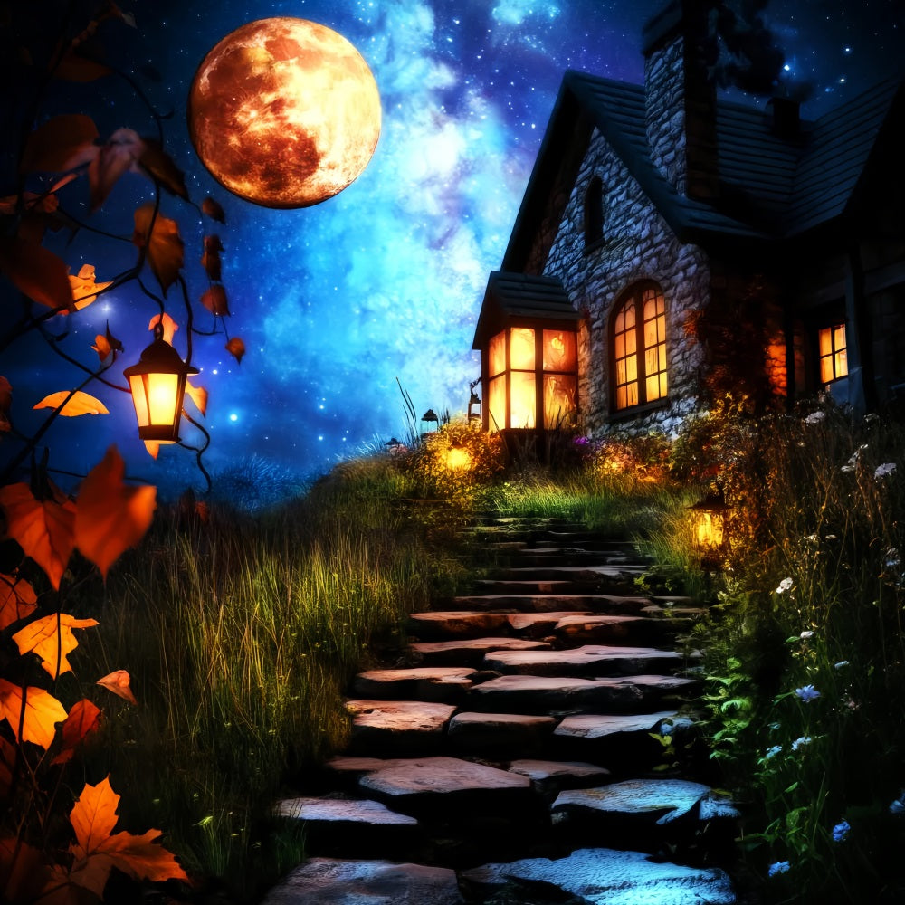 Haunted Forest Backdrop Lantern Pathway Enchanted Cottage Halloween Backdrop LXX59-135