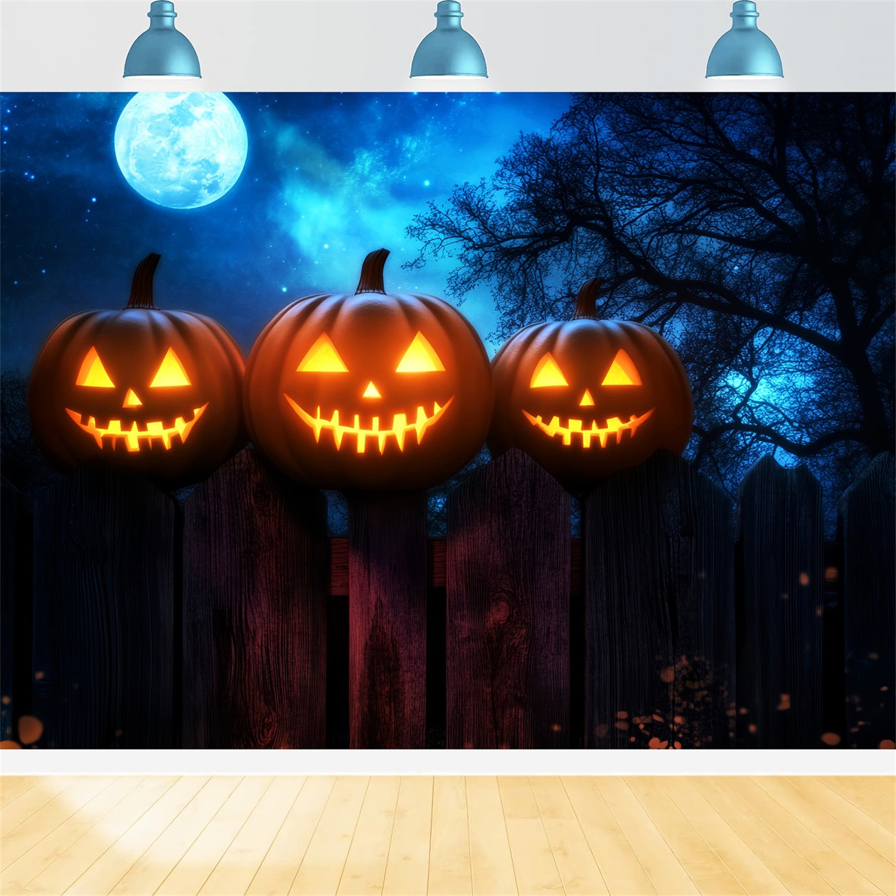 Haunted Forest Backdrop Glowing Pumpkins Fence Moonlight Halloween Backdrop LXX59-136