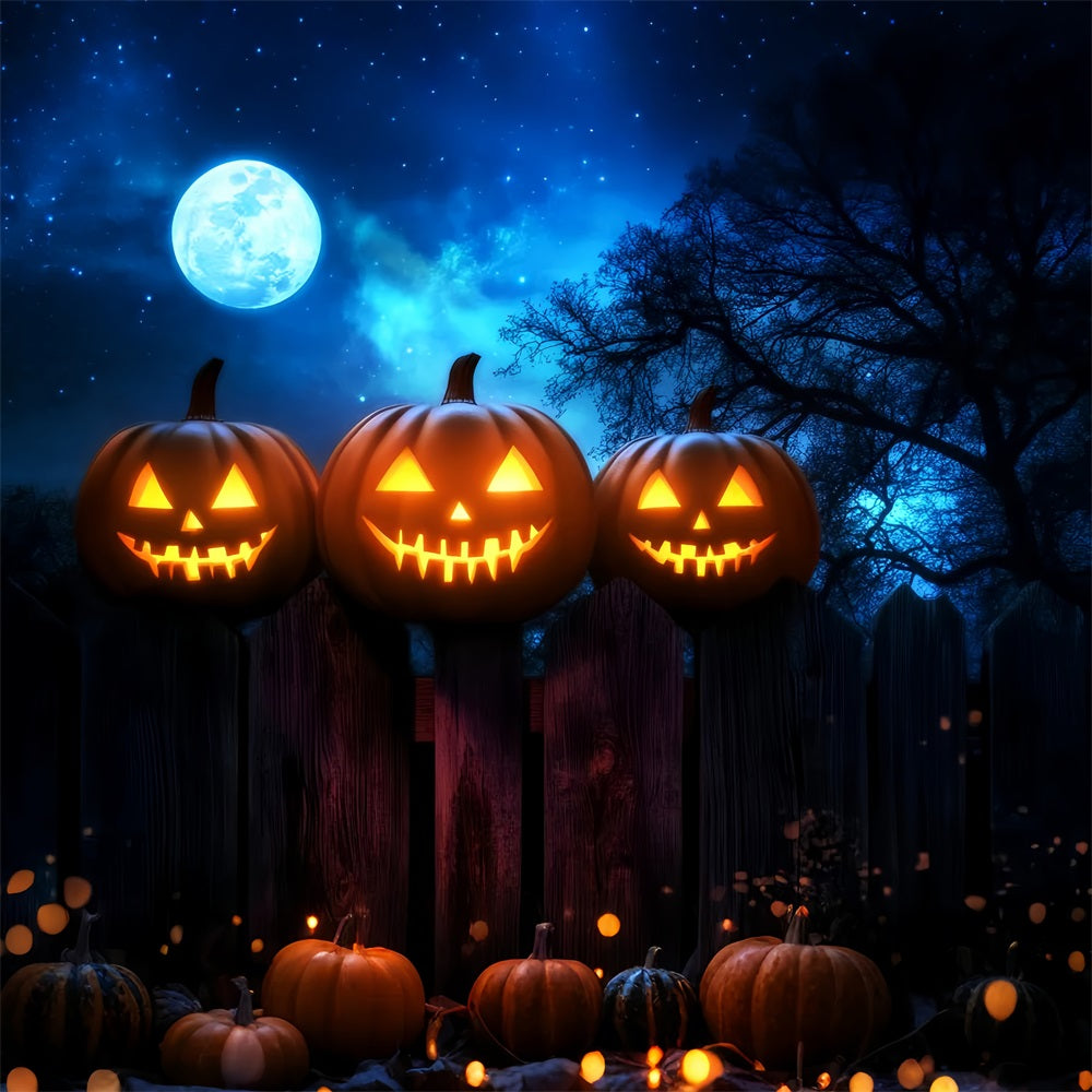 Haunted Forest Backdrop Glowing Pumpkins Fence Moonlight Halloween Backdrop LXX59-136