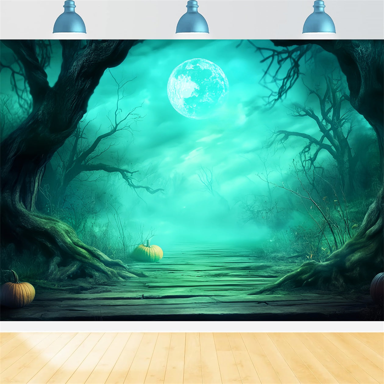 Haunted Forest Backdrop Foggy Forest Path Pumpkins Halloween Photo Backdrop Ideas LXX59-137