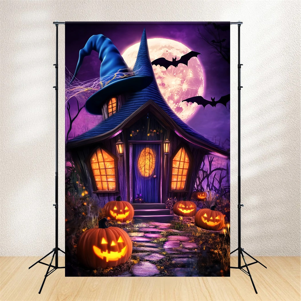 Haunted Forest Backdrop Witch Hat Cottage Pumpkin Lanterns Halloween Moon Backdrop LXX59-138