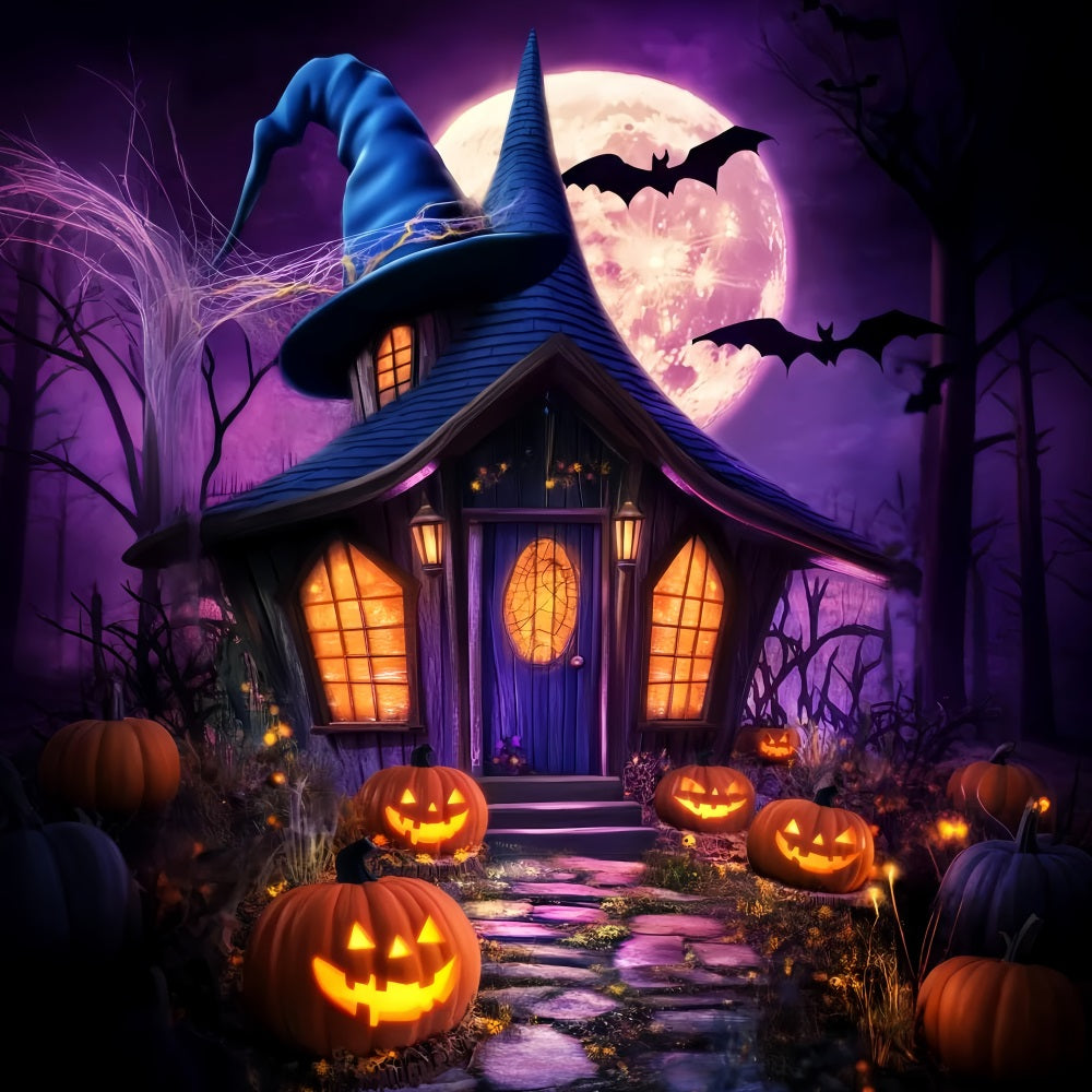 Haunted Forest Backdrop Witch Hat Cottage Pumpkin Lanterns Halloween Moon Backdrop LXX59-138