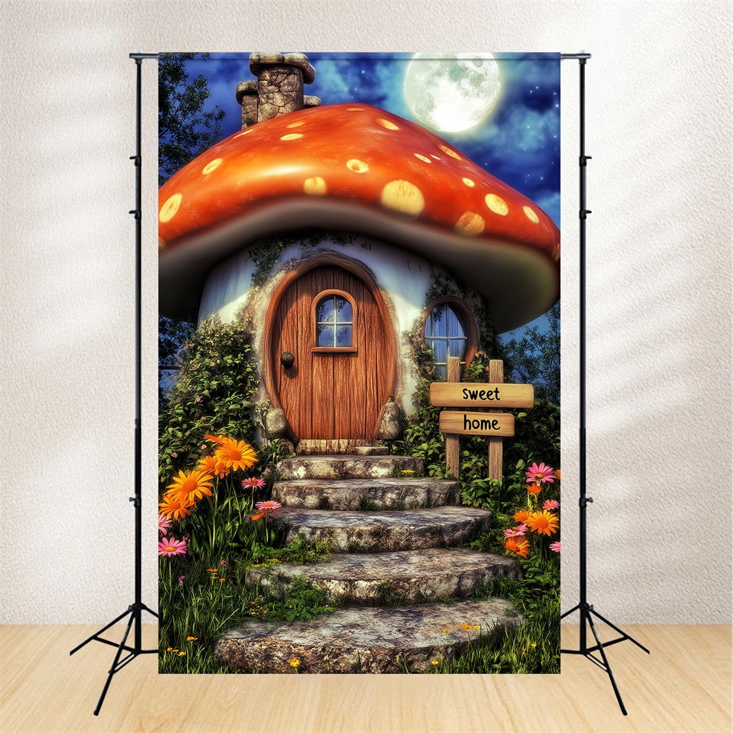 Haunted Forest Backdrop Whimsical Mushroom House Moon Halloween Backdrop LXX59-139