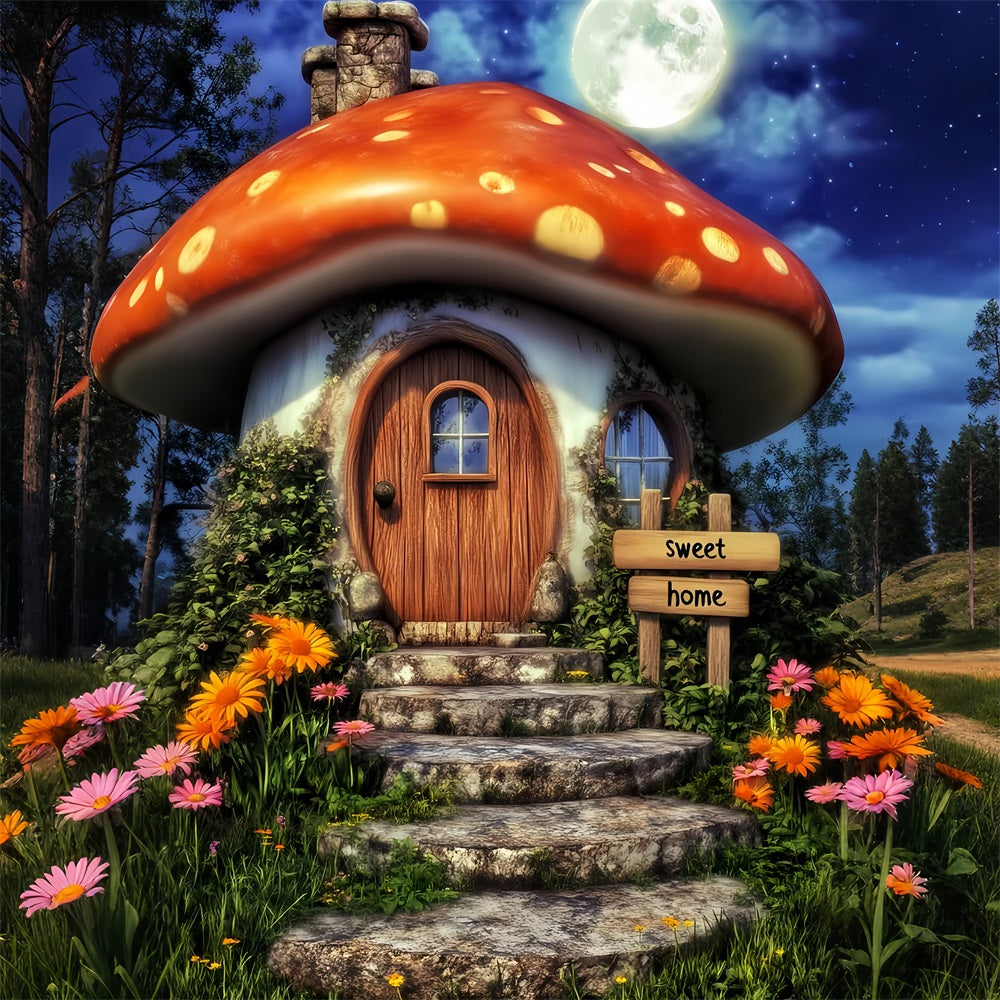 Haunted Forest Backdrop Whimsical Mushroom House Moon Halloween Backdrop LXX59-139