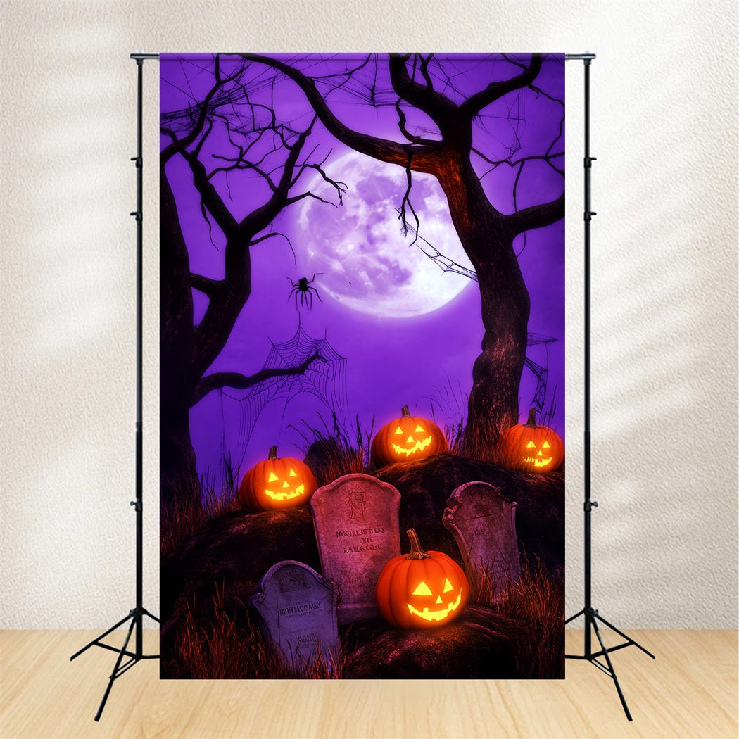 Haunted Forest Backdrop Pumpkin Lantern Graveyard Moon Halloween Backdrops LXX59-140