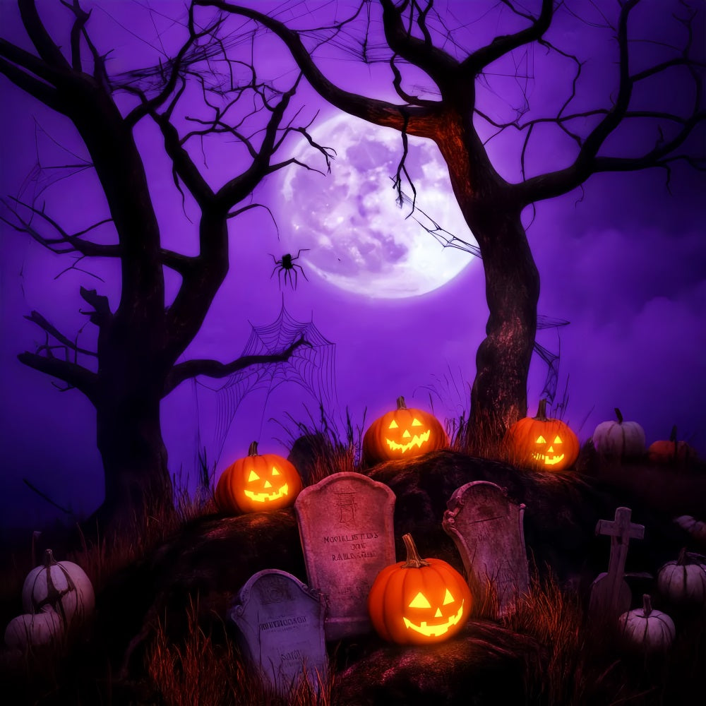 Haunted Forest Backdrop Pumpkin Lantern Graveyard Moon Halloween Backdrops LXX59-140