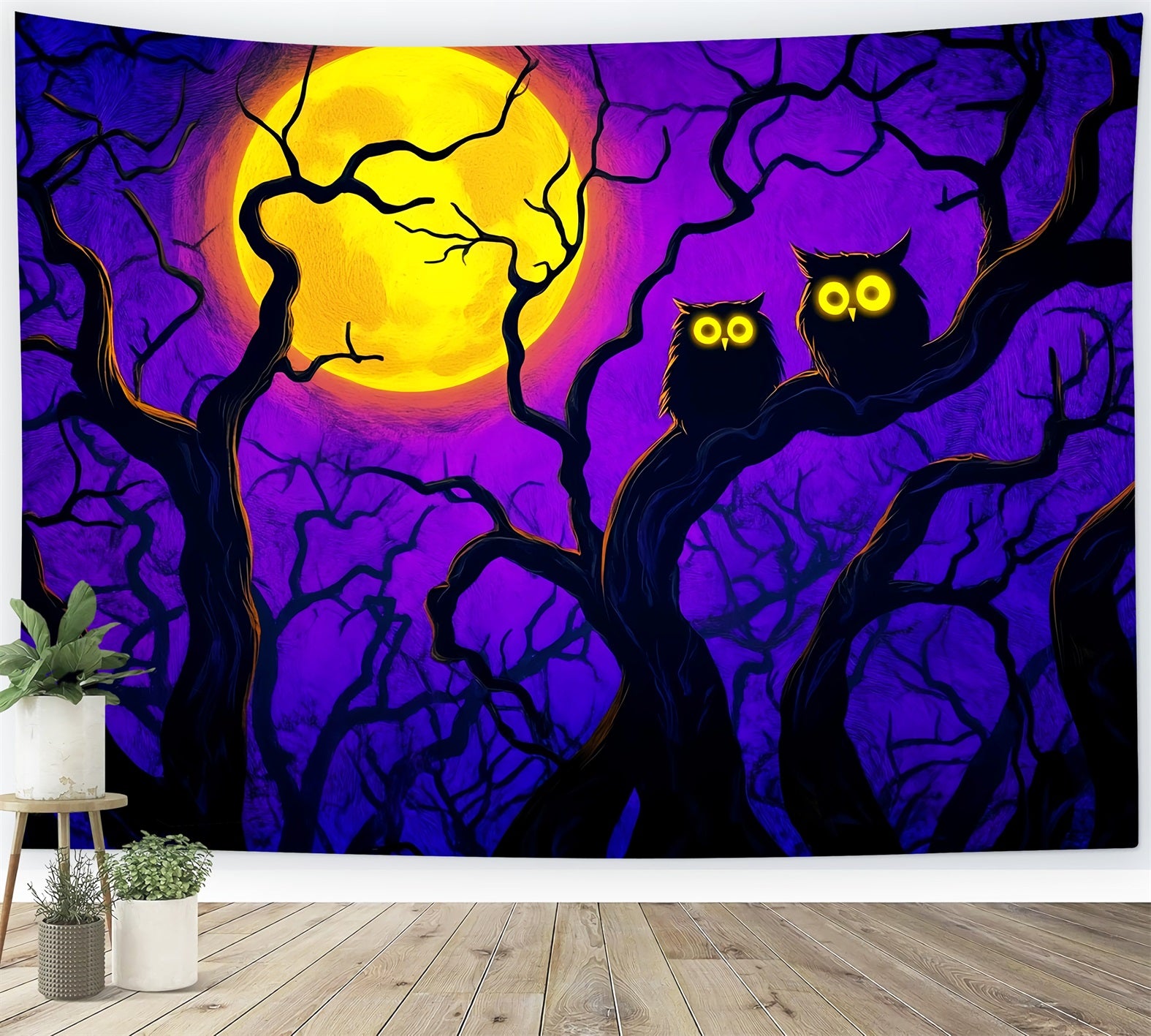 Halloween Color Backdrop Bright Moonlit Owls Branches Halloween Moon Backdrop LXX59-145