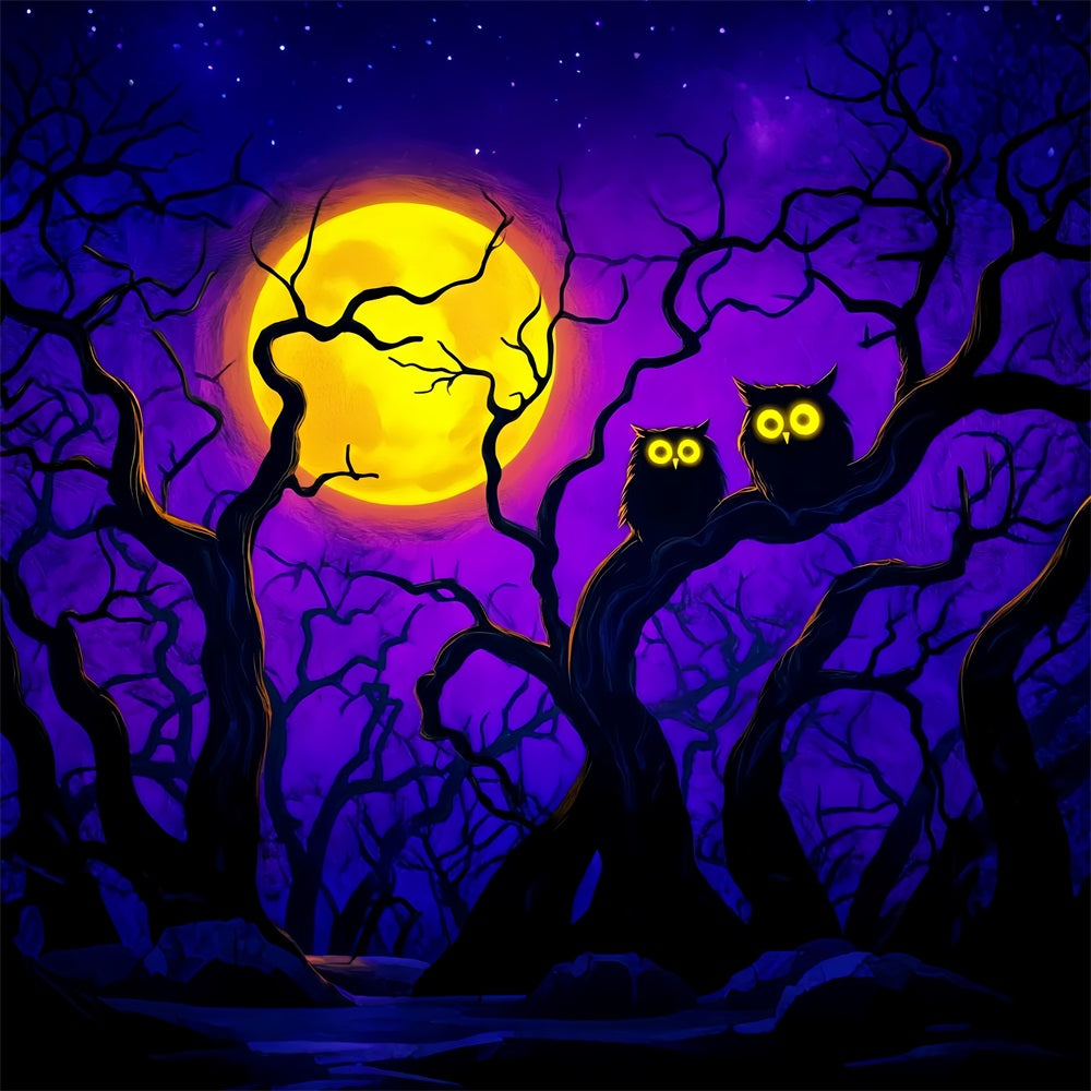 Halloween Color Backdrop Bright Moonlit Owls Branches Halloween Moon Backdrop LXX59-145