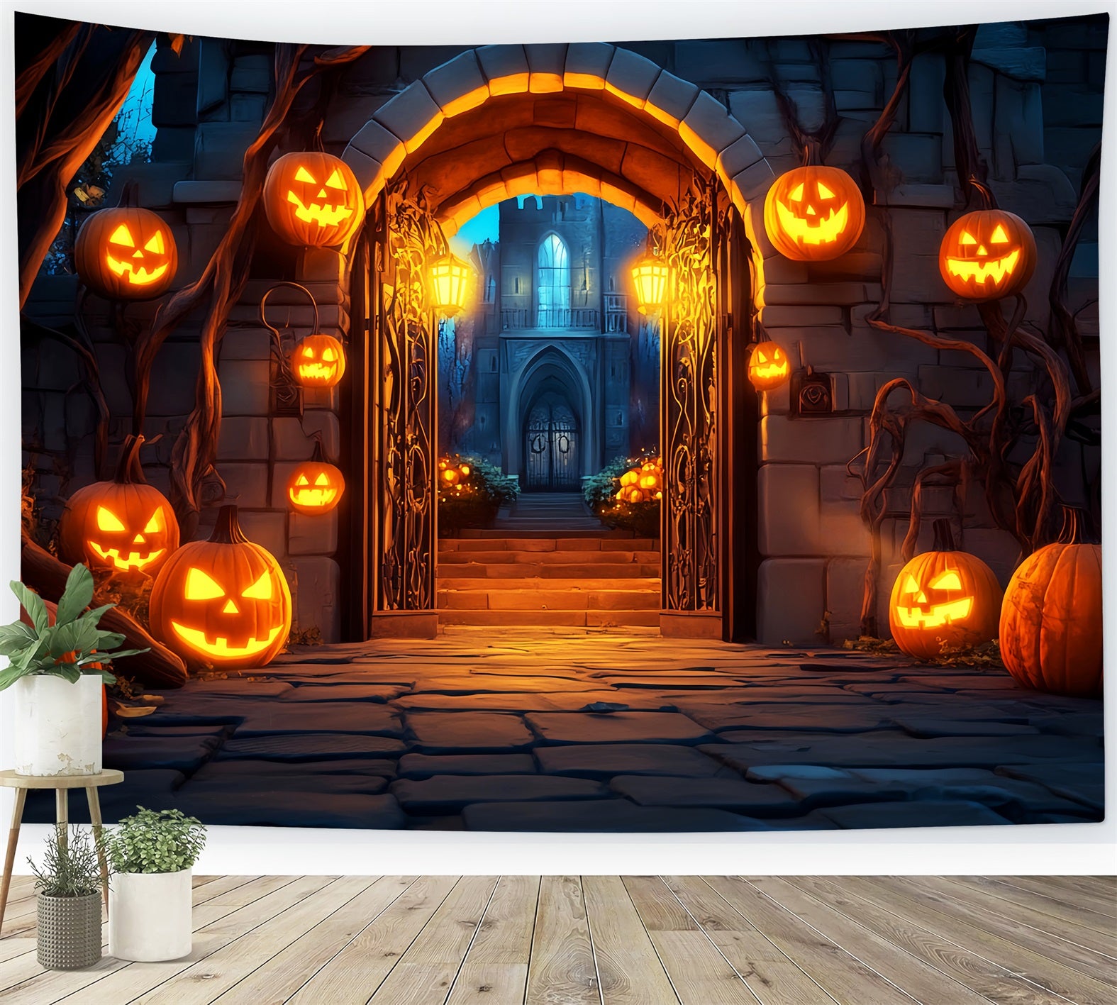 Graveyard Backdrop Pumpkin Lantern Gate Entrance Halloween Photo Backdrops LXX59-159
