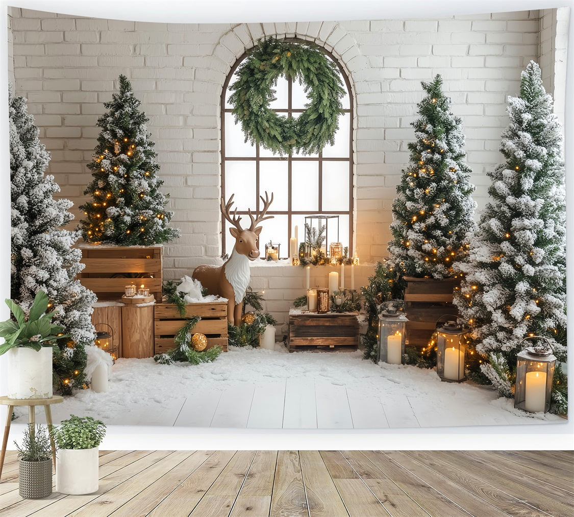 Christmas Tree Backdrop Rustic Reindeer Snowy Pine Lanterns Christmas Backdrop LXX59-170
