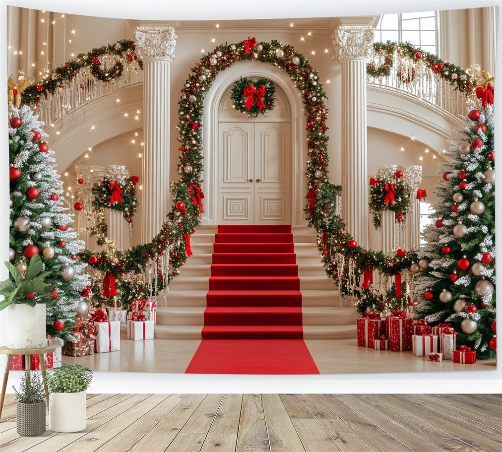 Christmas Tree Backdrop Staircase Garland Red Ornaments Christmas Photo Backdrop LXX59-172