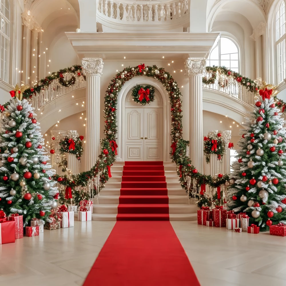 Christmas Tree Backdrop Staircase Garland Red Ornaments Christmas Photo Backdrop LXX59-172