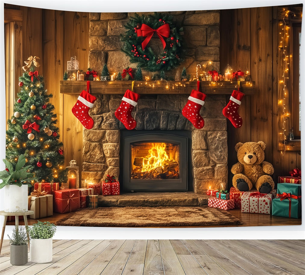 Christmas Fireplace Backdrop Stockings Garland Christmas Backdrop for Photos LXX59-173