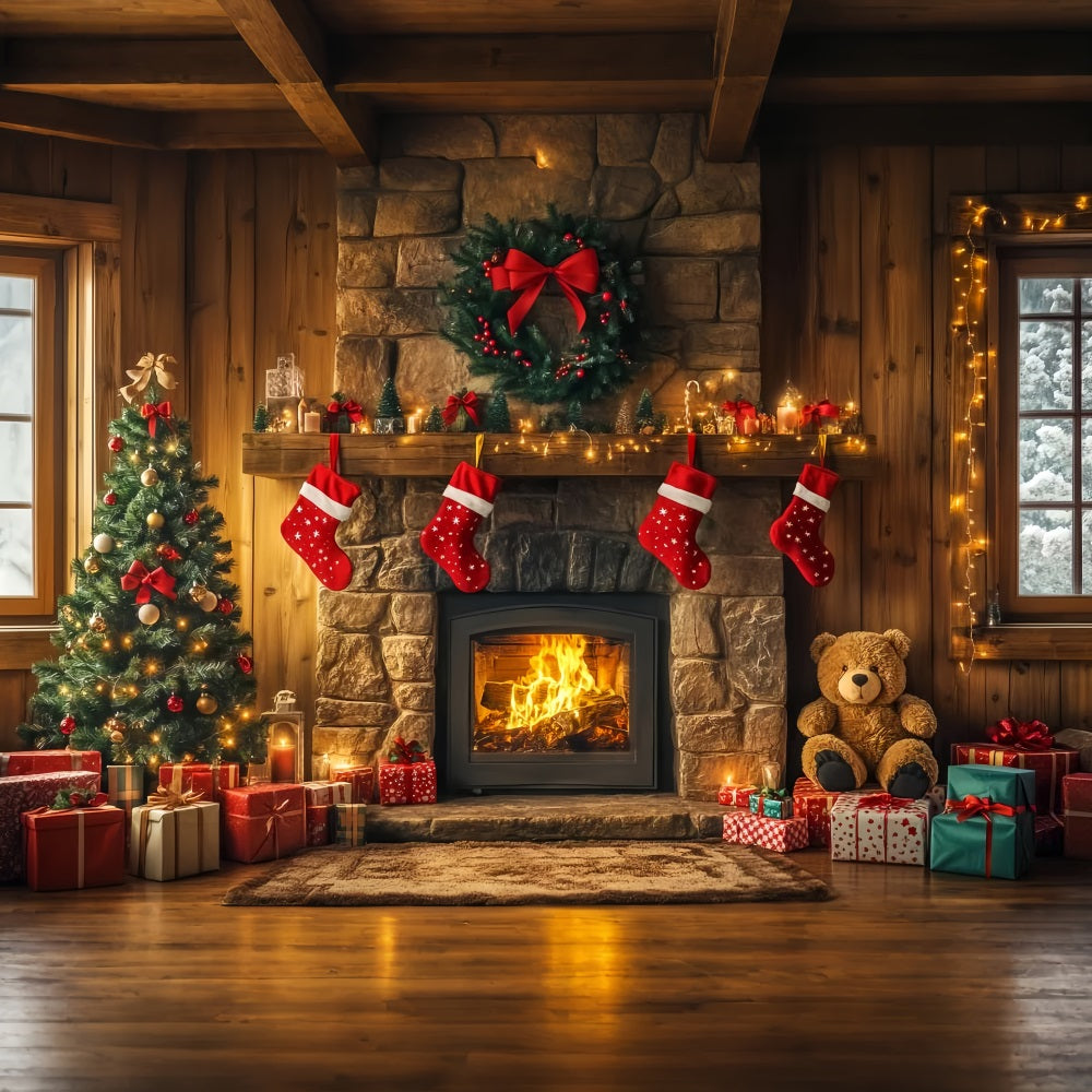 Christmas Fireplace Backdrop Stockings Garland Christmas Backdrop for Photos LXX59-173