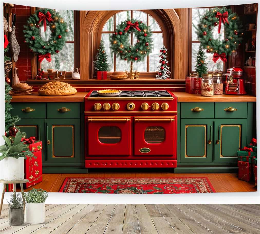 Christmas Kitchen Backdrop Festive Wreaths Oven Christmas Photo Backdrops LXX59-175