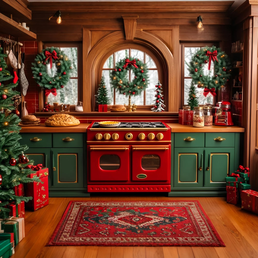 Christmas Kitchen Backdrop Festive Wreaths Oven Christmas Photo Backdrops LXX59-175