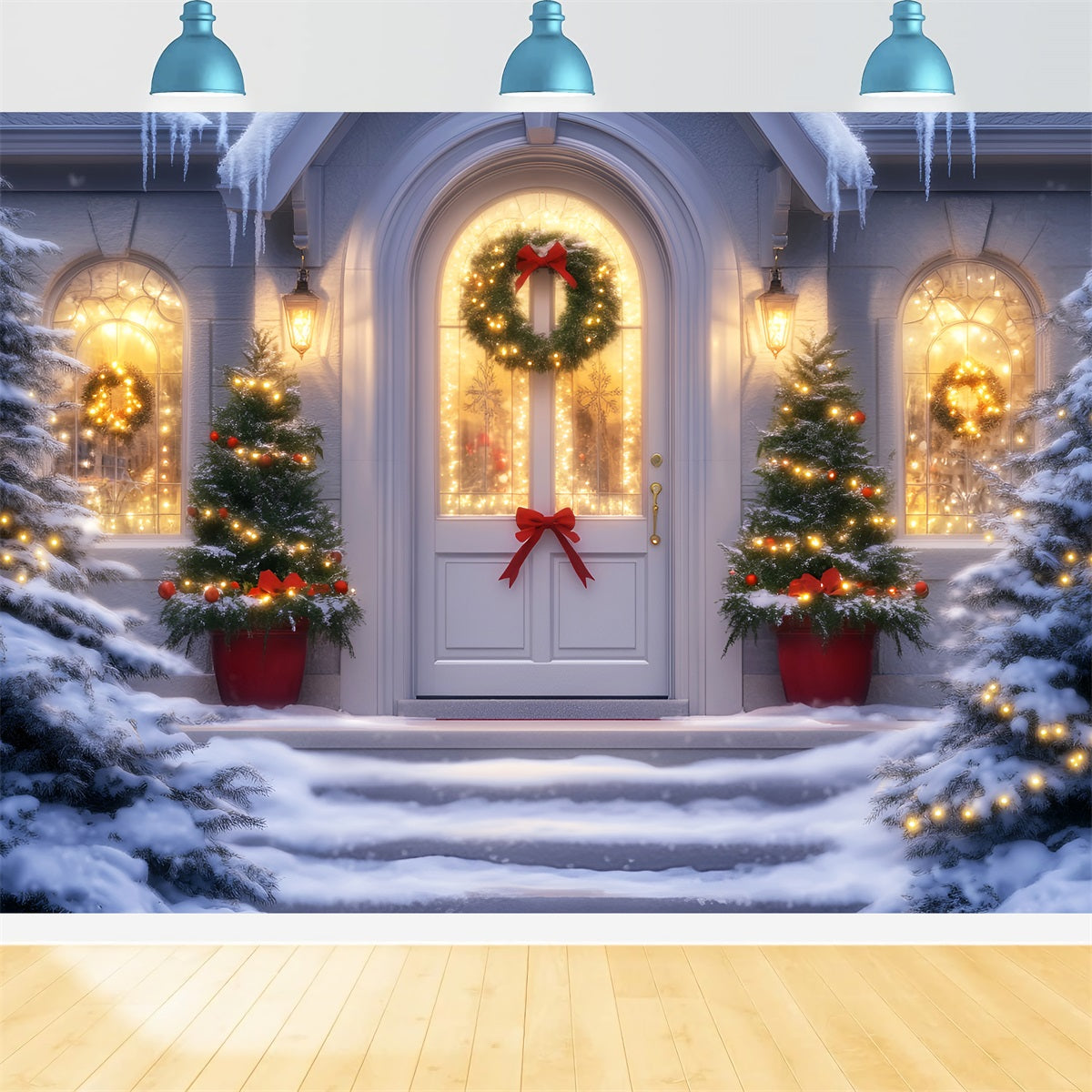 Christmas Church Backdrop Festive Doorway Wreath Lights Christmas Backdrops Sale LXX59-187