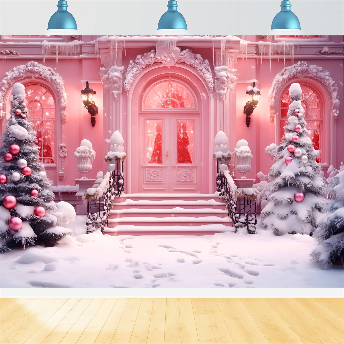 Toy Store Backdrop Christmas Shop Snowy Entrance Pink Christmas Backdrop LXX59-190