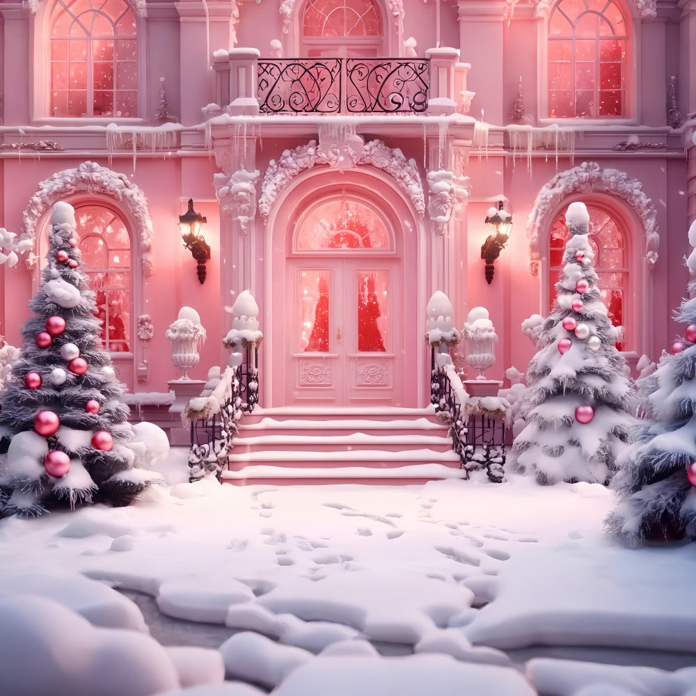 Toy Store Backdrop Christmas Shop Snowy Entrance Pink Christmas Backdrop LXX59-190
