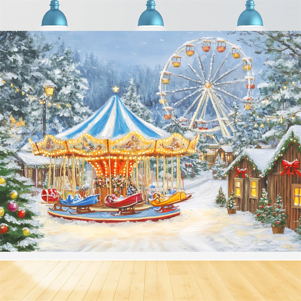 Christmas Village Backdrop Winter Carnival Carousel Lights Christmas Photo Backdrop LXX59-194