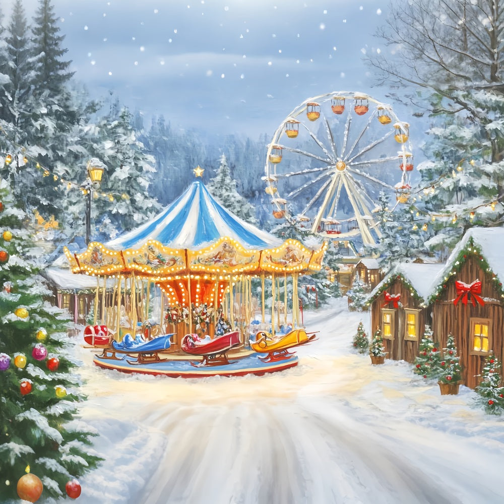 Christmas Village Backdrop Winter Carnival Carousel Lights Christmas Photo Backdrop LXX59-194