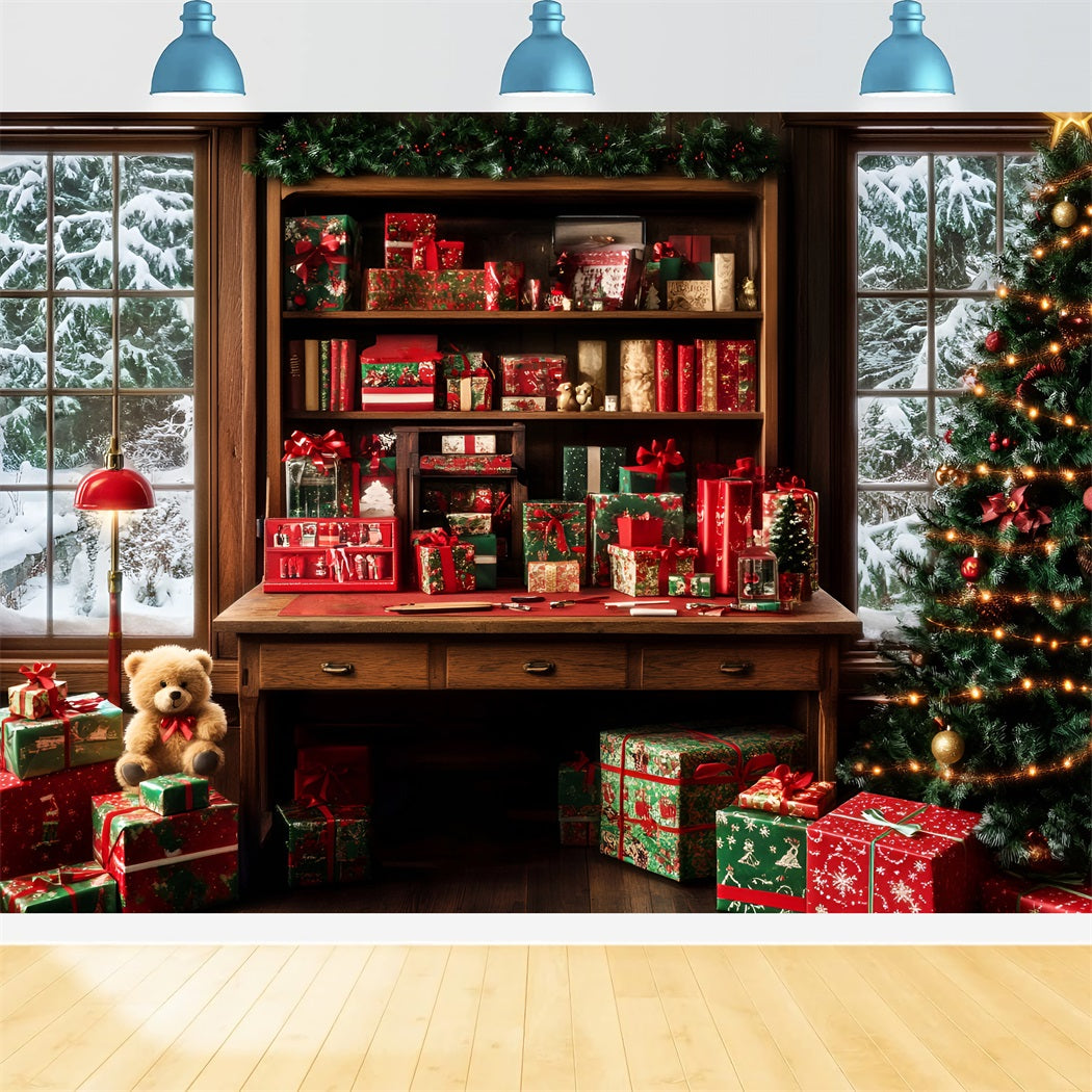 Santa Backdrop Gift Wrapped Cozy Study Room Christmas Backdrops for Photography LXX59-195