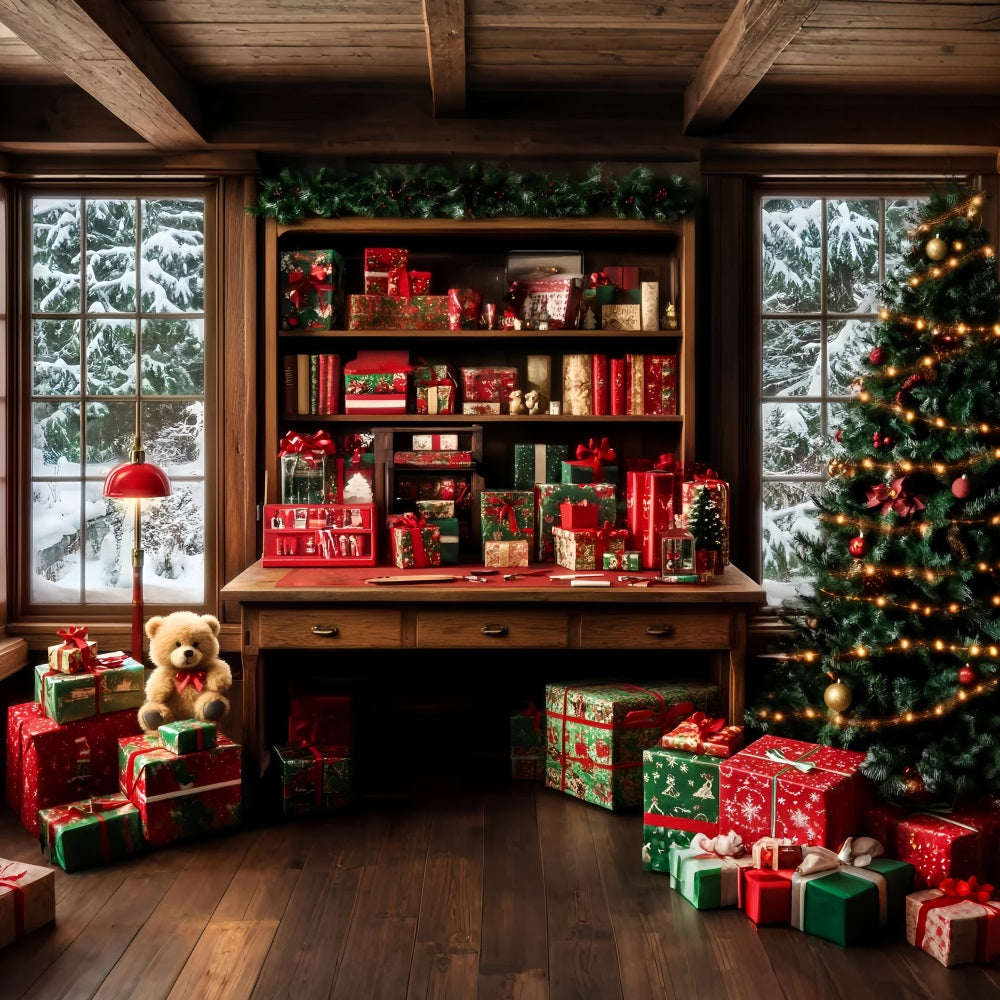 Santa Backdrop Gift Wrapped Cozy Study Room Christmas Backdrops for Photography LXX59-195