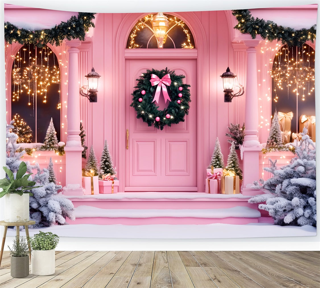 Pink Christmas Backdrop Holiday Door Entrance Christmas Photography Backdrops LXX59-198