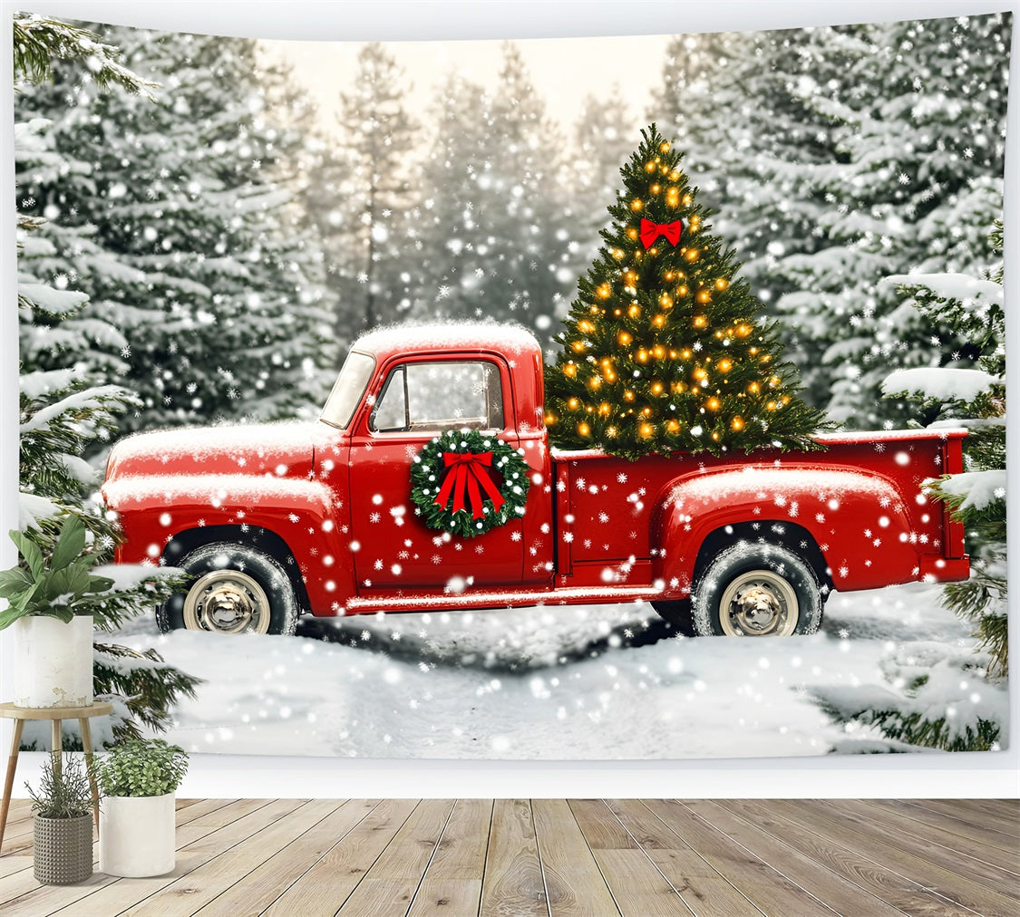Tree Farm Backdrop Red Truck Snowy Christmas Tree Christmas Backdrop Ideas LXX59-199