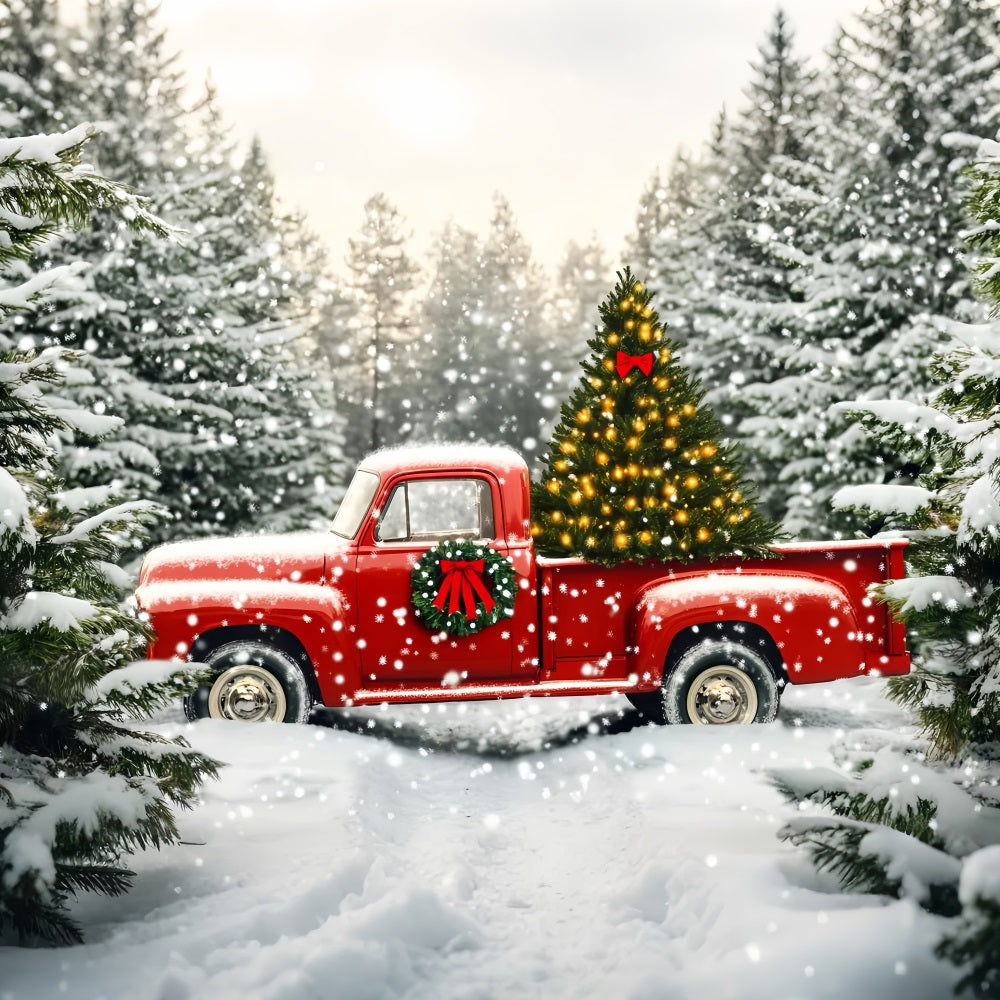 Tree Farm Backdrop Red Truck Snowy Christmas Tree Christmas Backdrop Ideas LXX59-199
