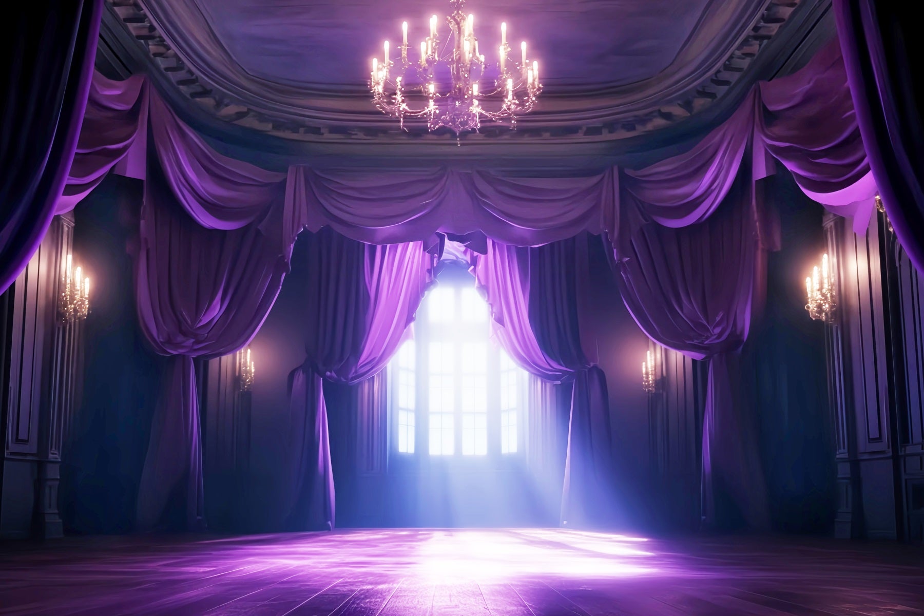 Dance Studio Backdrop Purple Curtain Chandelier Glow Dance Backdrops LXX59-2