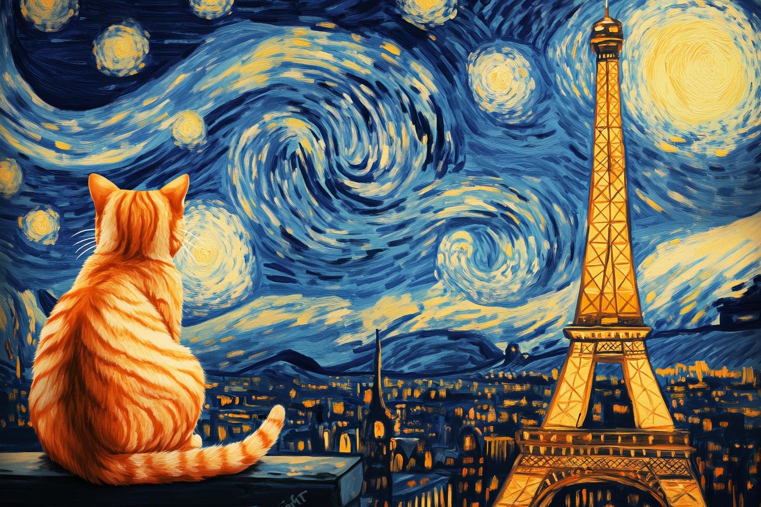 Paris Backdrop Starry Night Cat View Eiffel Tower Paris Backdrop LXX59-61