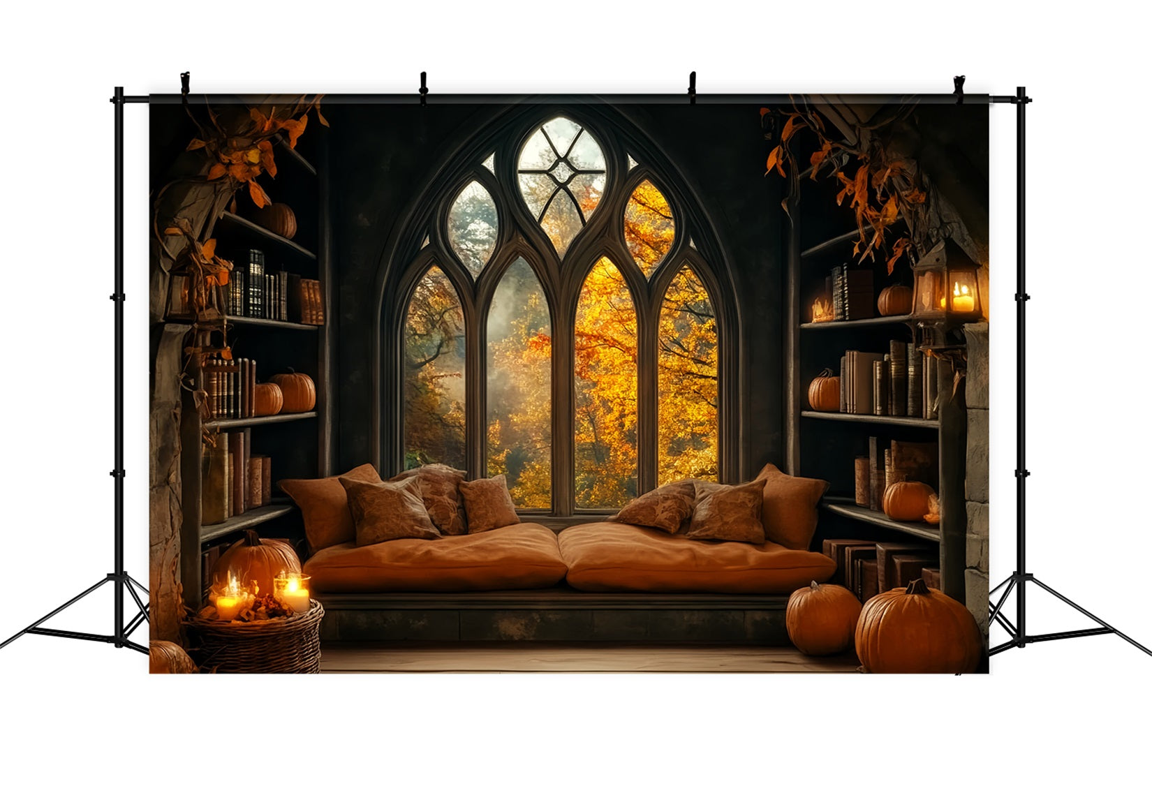 Halloween Backdrop Cozy Pumpkin Window Library Halloween Photo Backdrop LXX59-80