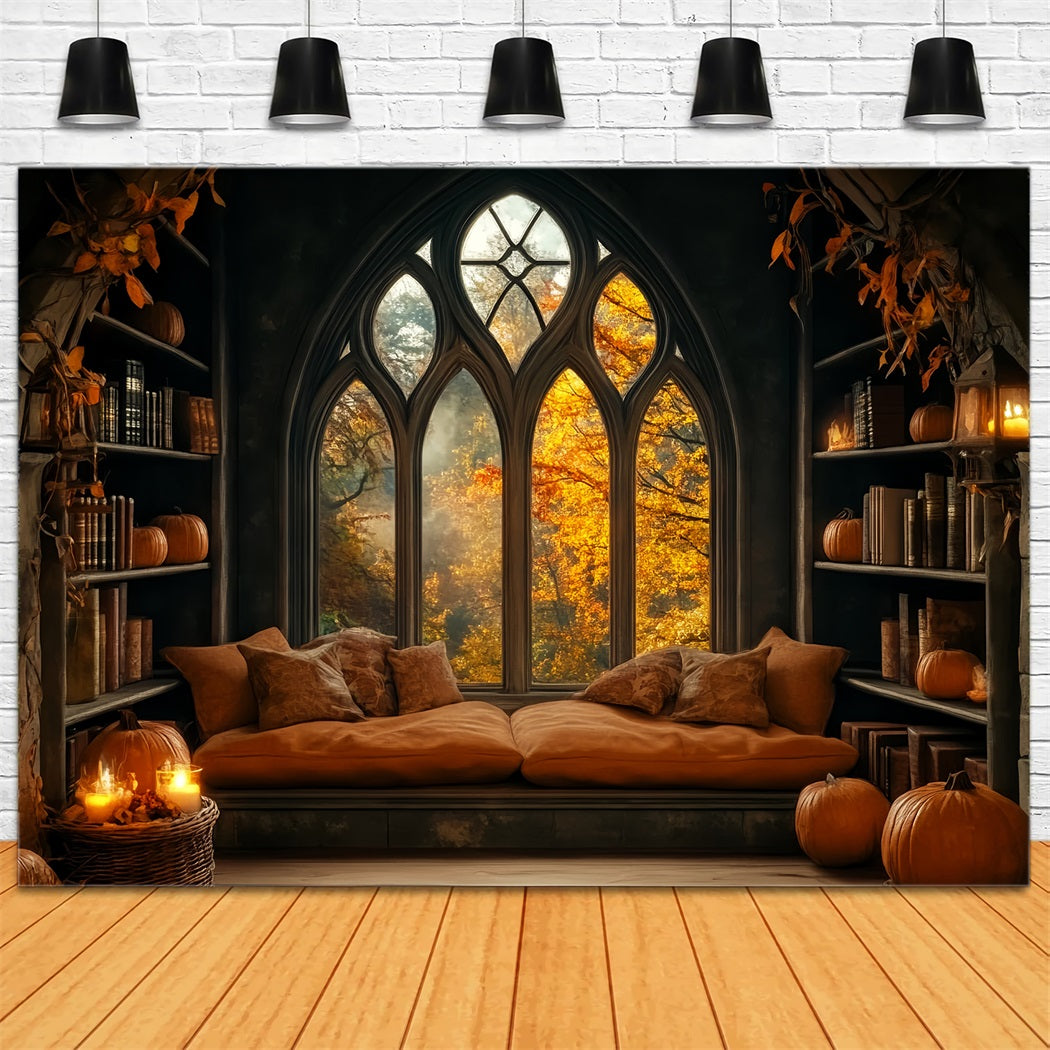 Halloween Backdrop Cozy Pumpkin Window Library Halloween Photo Backdrop LXX59-80