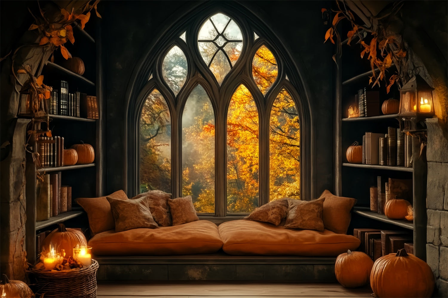 Halloween Backdrop Cozy Pumpkin Window Library Halloween Photo Backdrop LXX59-80