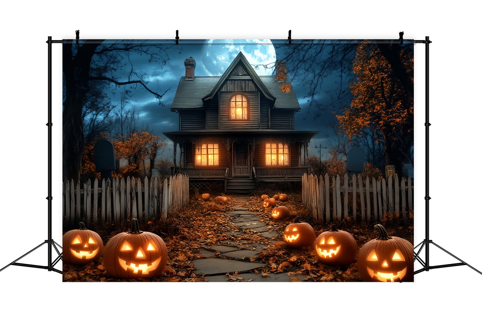 Halloween Moon Backdrop Haunted House Pumpkin Lanterns Halloween Backdrop LXX59-81