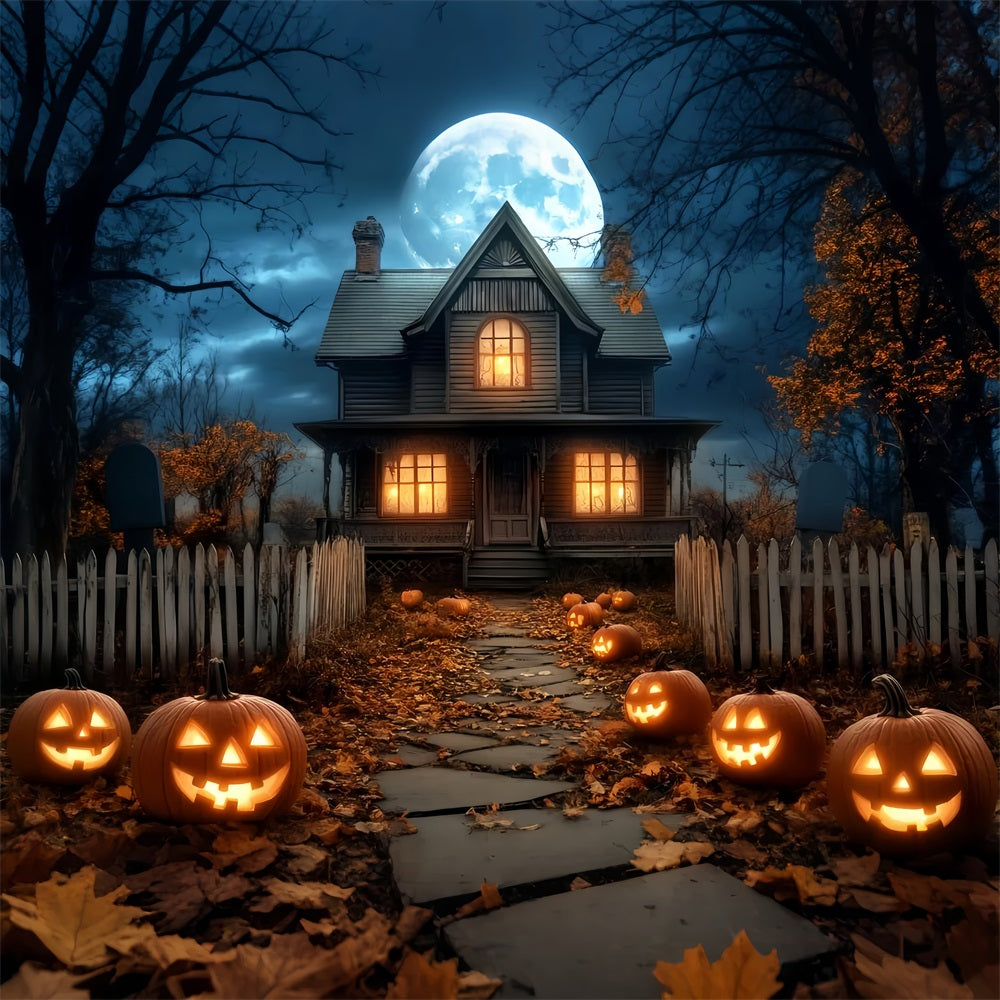 Halloween Moon Backdrop Haunted House Pumpkin Lanterns Halloween Backdrop LXX59-81