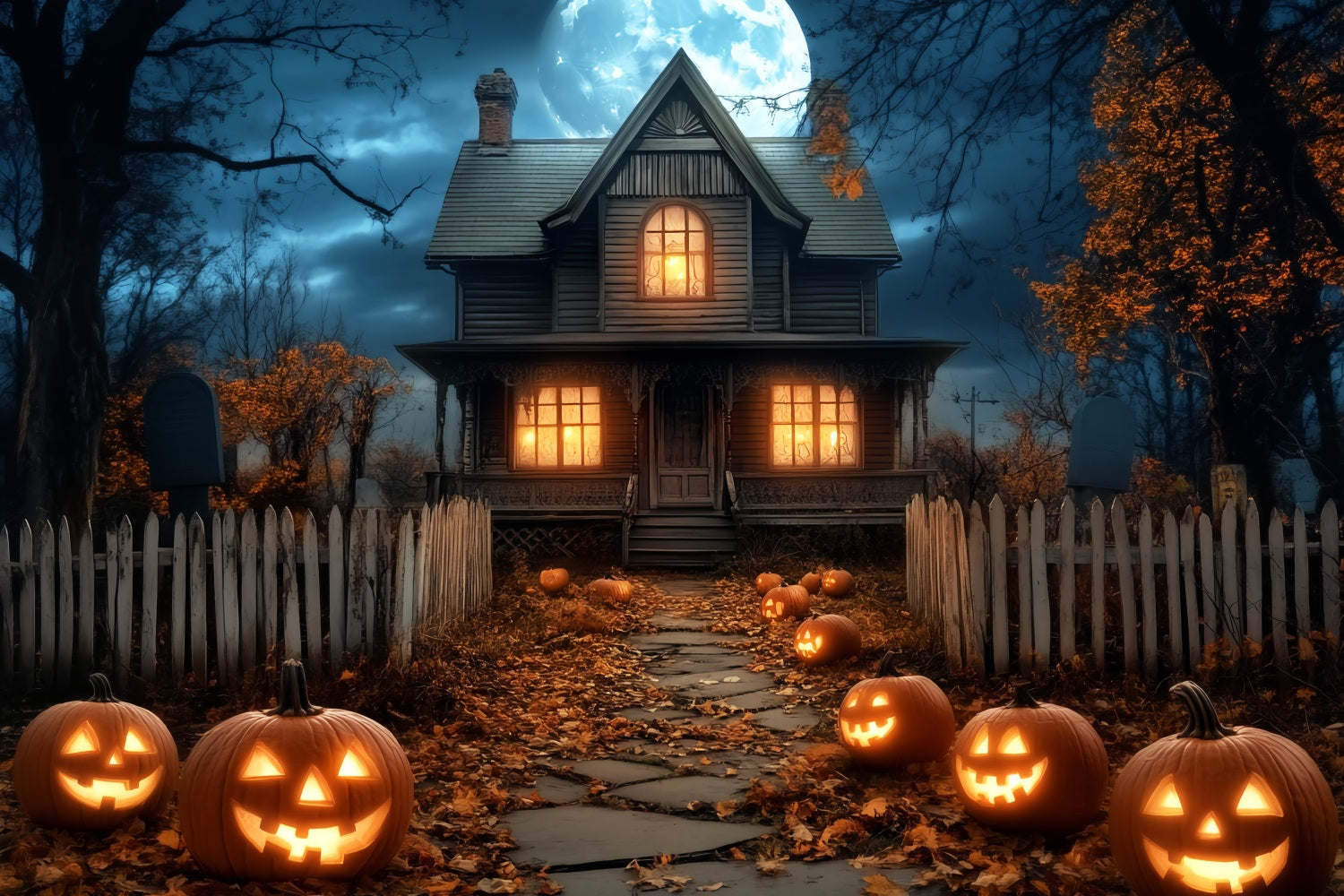 Halloween Moon Backdrop Haunted House Pumpkin Lanterns Halloween Backdrop LXX59-81