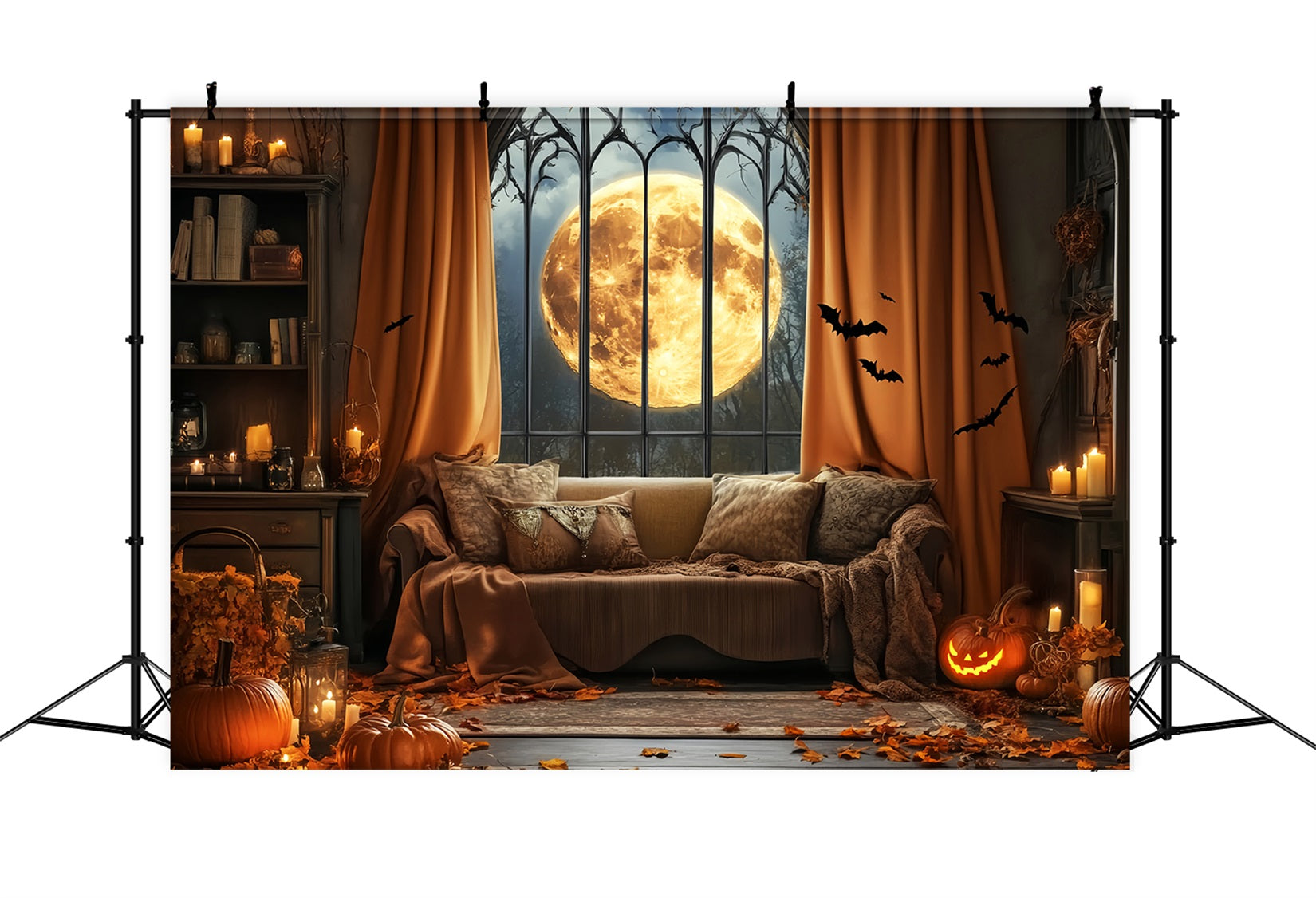 Halloween Bat Backdrop Full Moon Gothic Window Bats Halloween Backdrop Ideas LXX59-82