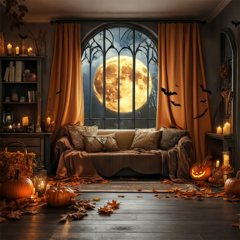 Halloween Bat Backdrop Full Moon Gothic Window Bats Halloween Backdrop Ideas LXX59-82