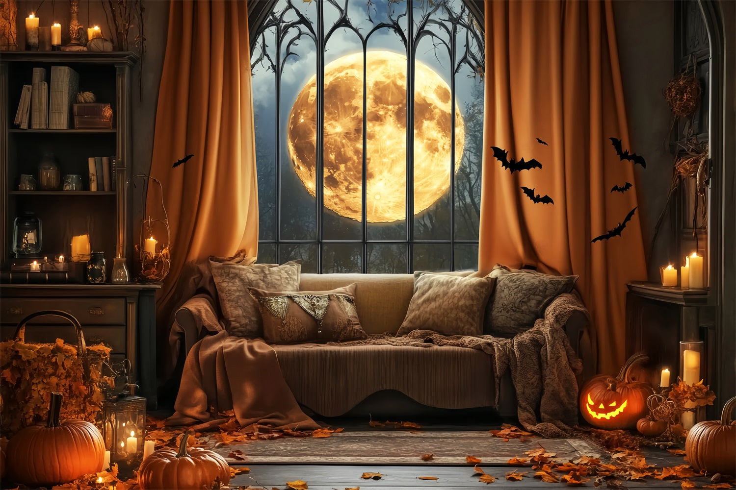 Halloween Bat Backdrop Full Moon Gothic Window Bats Halloween Backdrop Ideas LXX59-82