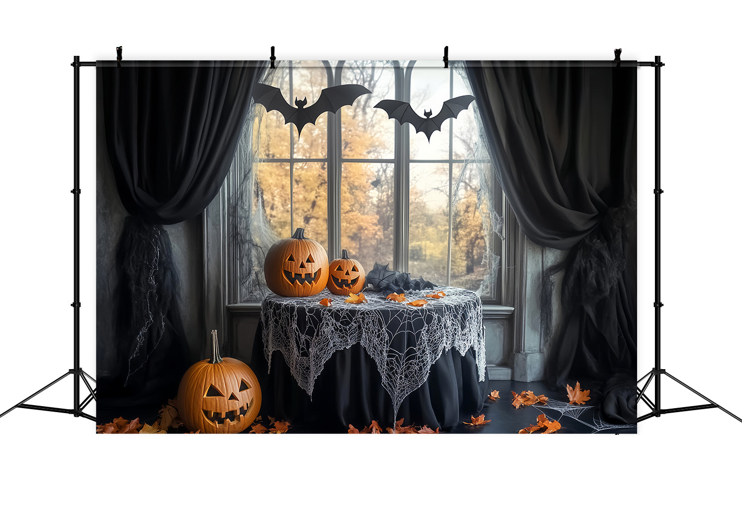 Bat Backdrop Spiderweb Table Pumpkin Bats Halloween Photo Booth Backdrop LXX59-83