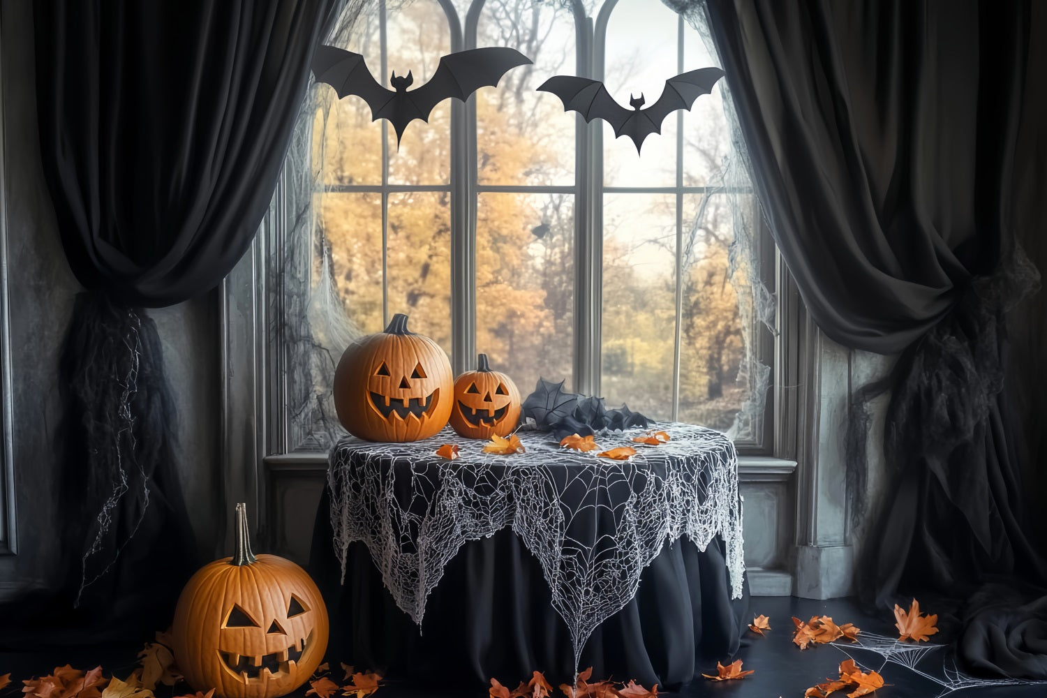 Bat Backdrop Spiderweb Table Pumpkin Bats Halloween Photo Booth Backdrop LXX59-83
