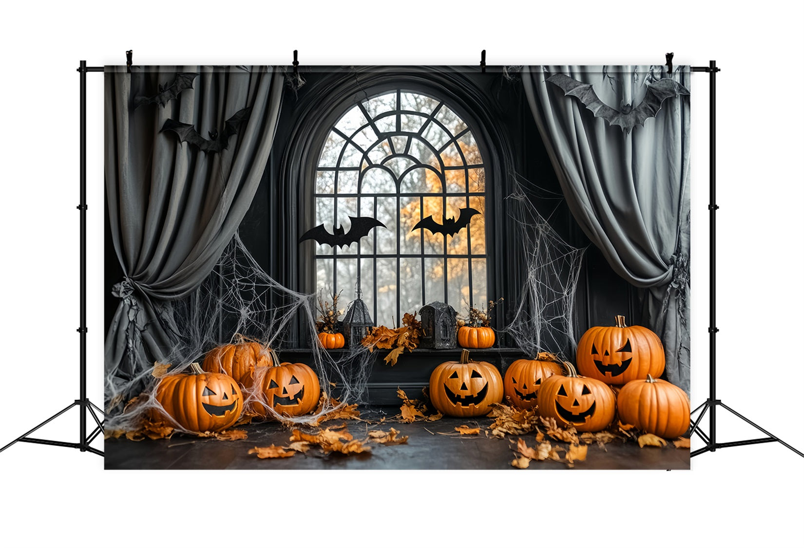 Halloween Spider Backdrop Pumpkin Bats Cobweb Window Halloween Backdrops LXX59-84