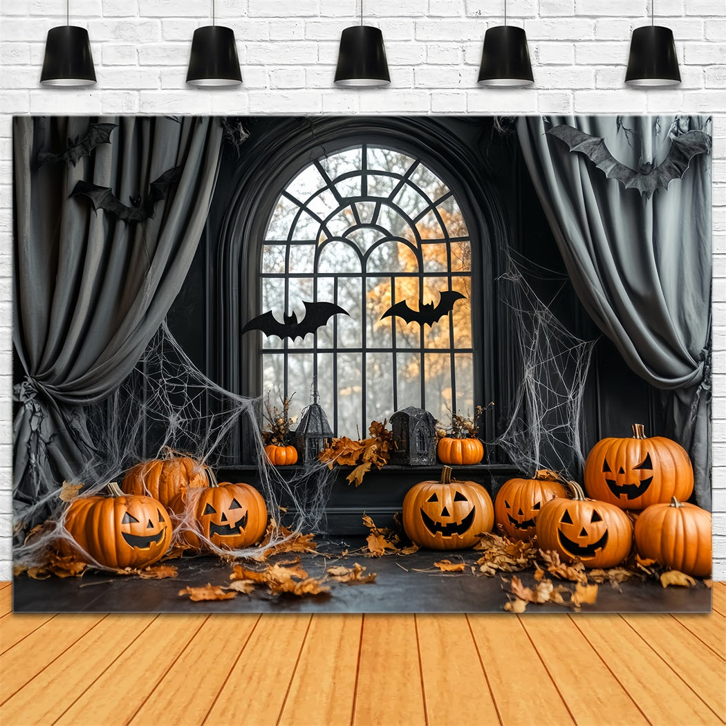 Halloween Spider Backdrop Pumpkin Bats Cobweb Window Halloween Backdrops LXX59-84