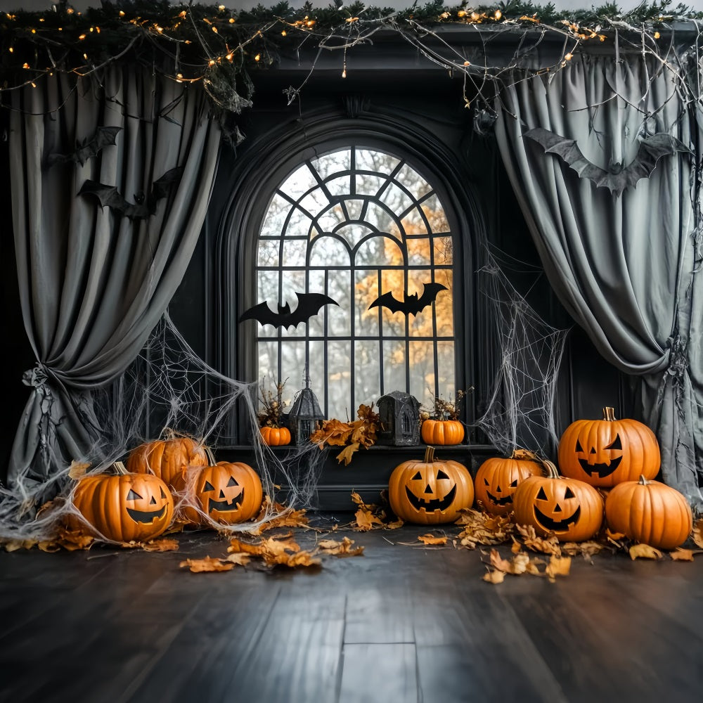 Halloween Spider Backdrop Pumpkin Bats Cobweb Window Halloween Backdrops LXX59-84