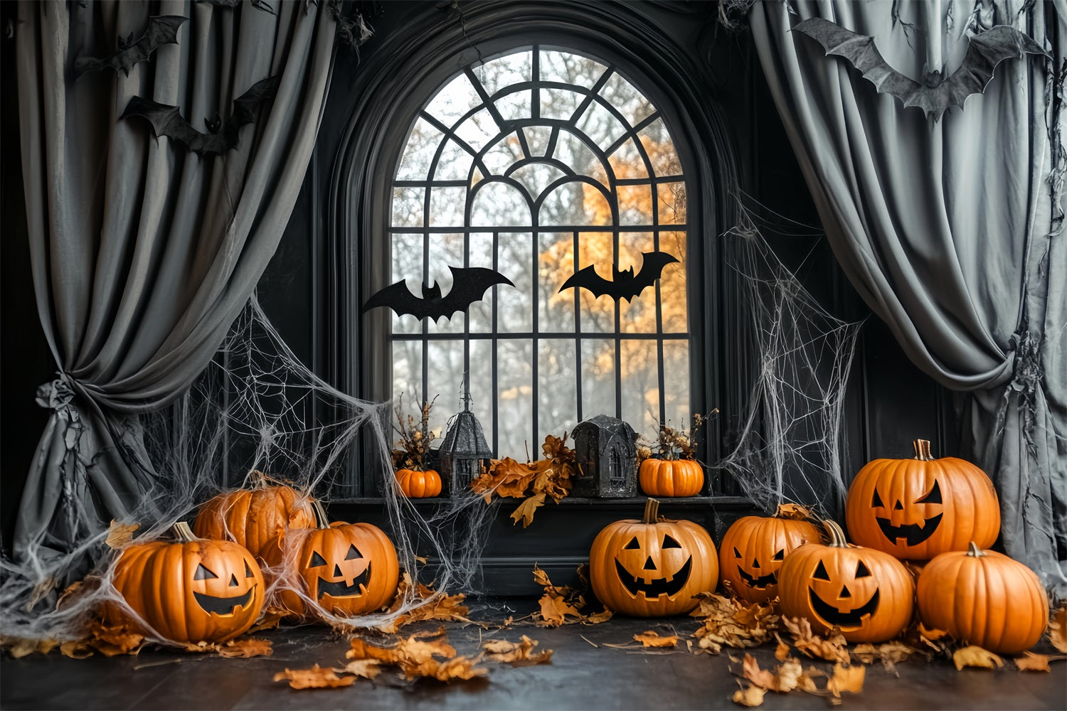 Halloween Spider Backdrop Pumpkin Bats Cobweb Window Halloween Backdrops LXX59-84