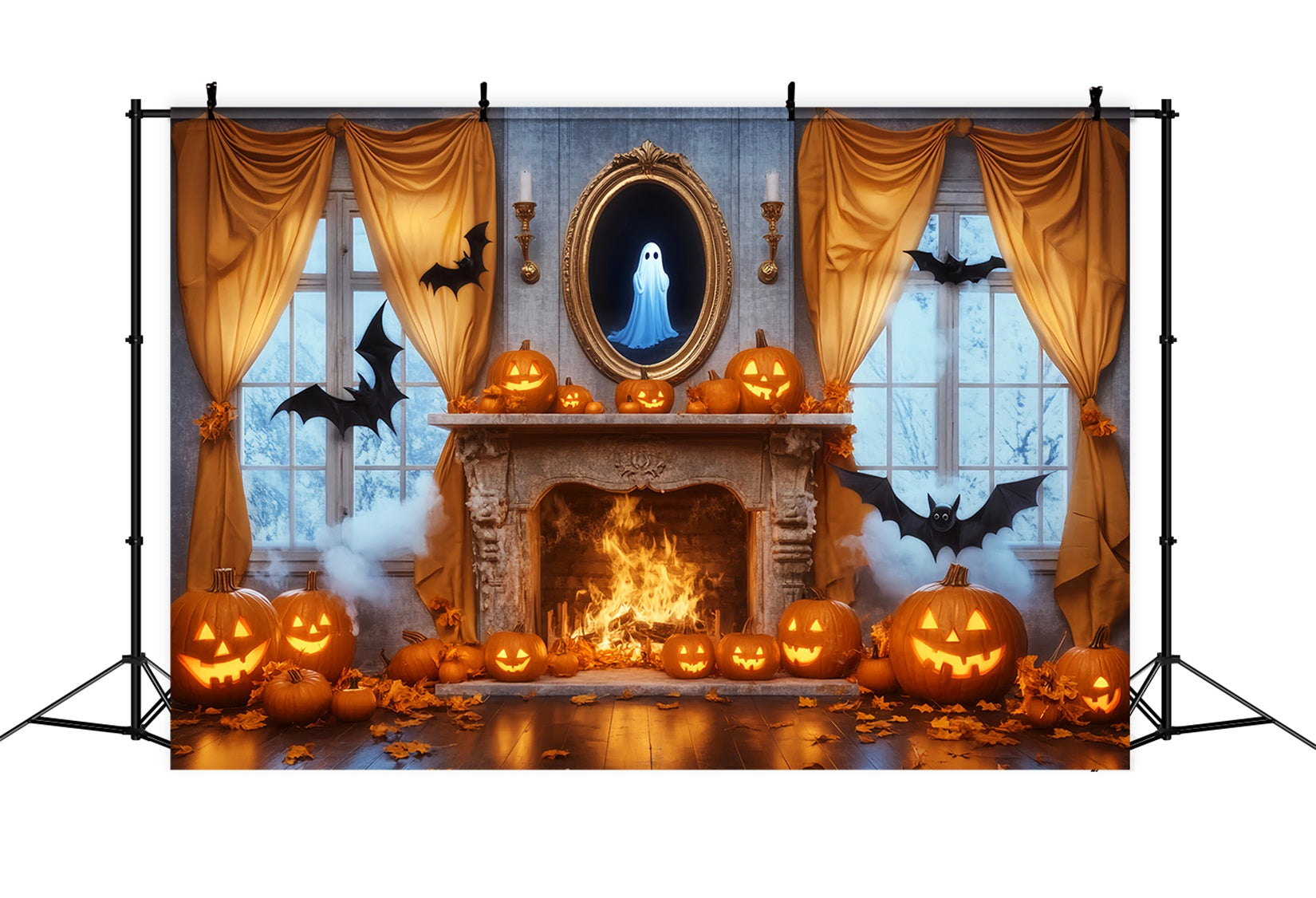 Ghost Backdrop Mirror Fireplace Pumpkins Ghost Halloween Picture Backdrop LXX59-85
